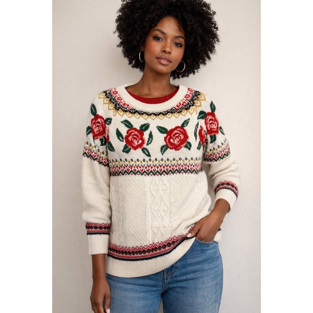 Mossimo Women’s Cream Floral Fair Isle Sweater Red Roses Oversized Small
